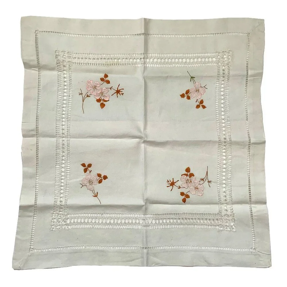 Vintage Floral Embroidered Doily Pulled Thread Square Topper Shabby Cottage Core